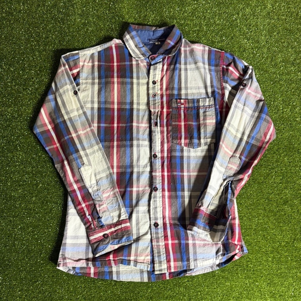 Tommy Hilfiger Mens Plaid Button Down Shirt Red Blue White Roll Tab Sleeve Small